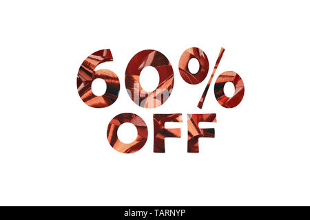 60 % off symboliquement représenté sous la forme d'un cut out texte 60 % off en face d'une boucle cadeau rouge Banque D'Images