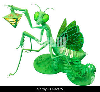 Jouet lampe isolé sur fond blanc - Femme mantis est assis sur une pelouse verte et est titulaire d'une lampe jaune. Banque D'Images