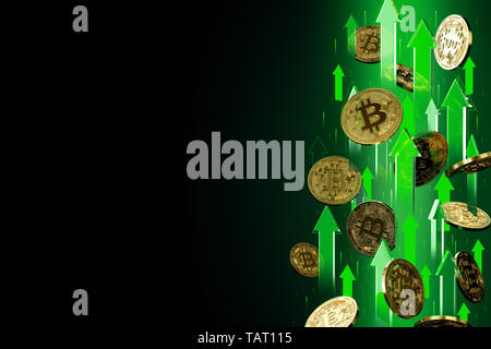 Une flèche verte pointant vers le haut comme Bitcoin (BTC) la hausse des prix. Isolé sur fond noir, copiez l'espace. Prix Cryptocurrency concept se développer. Le rendu 3D Banque D'Images