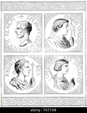 Les fils de Louis le Pieux, roi du royaume des Francs, Louis le Germanique, Louis II, Ludovicus II, 806 - 876, Carloman, Louis le jeune et Charles le Gros, l'illustration historique, 19e siècle, Die Söhne Ludwig von dem Frommen, (778 - 840), König des Fränkischen Reiches, Ludwig der Deutsche oder Ludwig II. oder Ludovicus II (806 - 876), Karlmann, Ludwig der vi und Karl der Dicke, historische Mischtechnik aus dem 19. Jahrhundert Banque D'Images
