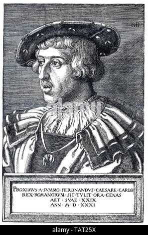 L'empereur Ferdinand I, 1503 - 1564, gravure sur cuivre par Barthel Beham, datant de 1531, l'empereur Ferdinand I., (1503 - 1564), l'empereur des Heiligen Römischen Reiches, Erzherzog von Österreich, König von Böhmen, Kroatien und Ungarn, römisch-deutscher König von Barthel Beham, Kupferstich aus dem Jahr 1531 Banque D'Images