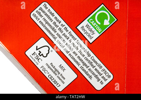 Carton largement recyclé sur paquet de sandwichs au jambon fumé et cheddar Tesco - symbole du logo recyclage du recyclage des déchets Banque D'Images