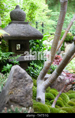 RHS Chelsea Flower Show 2019 : l'interrupteur vert jardin conçu par le designer japonais Kazuyuki Ishihara dispose d''un étang, érables du Japon (ACERS), des pins, des boules de mousse, des iris, une lanterne de pierre et d'un salon de thé. Banque D'Images