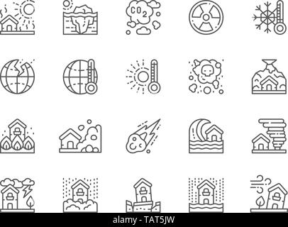 Ensemble d'icônes de ligne de catastrophes naturelles. La sécheresse, le réchauffement climatique, la pollution et plus encore. Illustration de Vecteur