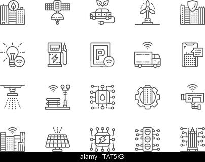 Ensemble d'icônes de ligne de ville intelligente. Nettoyer la ville, de la station satellite de l'espace et plus encore. Illustration de Vecteur