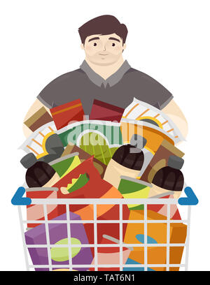 Illustration d'un gros homme poussant un chariot d'épicerie, plein de la malbouffe des Soda, chips, céréales et autres aliments Banque D'Images