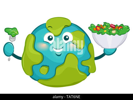 Illustration d'une grande terre Mascot tenait un bol de salade de légumes et la fourche Banque D'Images