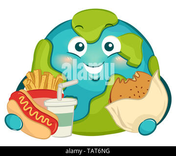 Illustration d'un grand gros Terre Mascot Holding Fast Food de frites, hot-dog, soude et Burger Banque D'Images