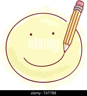 Doodle Illustration d'un dessin au crayon un sourire sur un Rond et jaune Smiley Banque D'Images