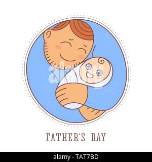 La Fête des pères. Cute heureux papa embrasse son bébé souriant. Image vectorielle. Autocollant rond. Tag caricature, icône, bandeau web. Symbole de l'amour de la famille et de la parentalité Illustration de Vecteur