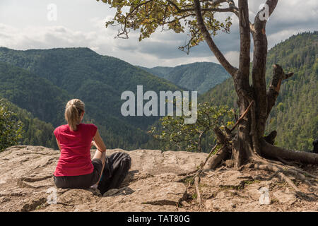 Femme assise à la recherche sur les montagnes Banque D'Images