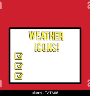 L'écriture de texte Word icônes météo. Photo d'affaires mettant en vedette tracées sur une carte synoptique utilisée pour la prévision du temps grand fond carré blanc vide Banque D'Images