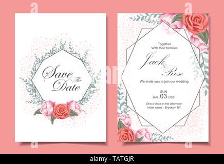 Jeu de cartes d'Invitation de mariage floral avec des roses sauvages, des feuilles, du cadre géométrique, et l'effet de l'éclat Illustration de Vecteur