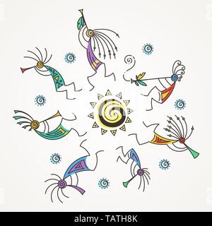 Hand drawn Kokopelli cercle. Personnages mythiques stylisés jouant des flûtes. Art vectoriel pour l'impression. design, cartes, des enfants et des livres à colorier, des t-shirts Illustration de Vecteur