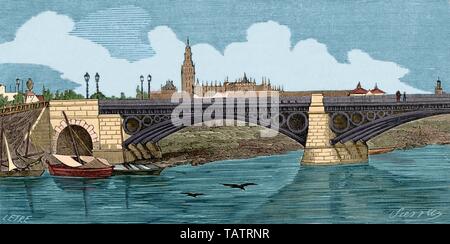 España. L'Andalousie. Sevilla. Puente de Isabel II, popularmente conocido como 'Puente de Hierro' o 'Puente de Triana". Su construcción finalizó en 1852. Dibujo por Letre. Gravure por la Sierra. Coloreado. Crónica general de España, Historia Ilustrada Descriptiva y de sus Provincias. L'Andalousie, 1867. Banque D'Images