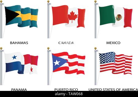 Brandissant des drapeaux de réaliste Amérique du continent. États-unis, Canada, Bahamas, Mexique, Panama, Costa Rico drapeau sur mât. Symboles patriotiques isolated Illustration de Vecteur