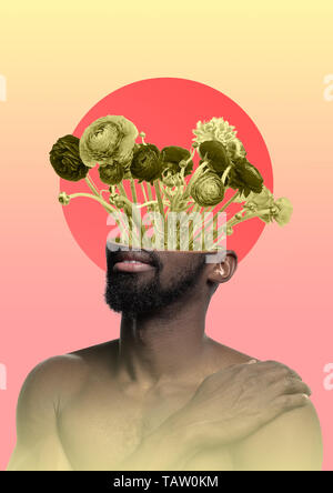 Corps de l'homme d'africains-américains avec la tête pleine de pensées à propos des fleurs et le lever du soleil. Néon branché et dégradé jaune-rose l'arrière-plan. M Banque D'Images
