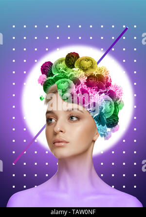Corps de femme de race blanche modèle avec la tête pleine de pensées à propos des fleurs et du printemps. Néon branché et background. M Banque D'Images