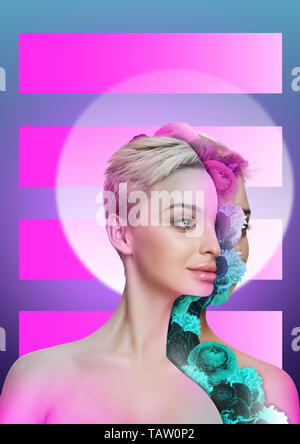 Corps de femme de race blanche modèle avec la tête pleine de pensées à propos des fleurs et du printemps. Néon branché et background. M Banque D'Images