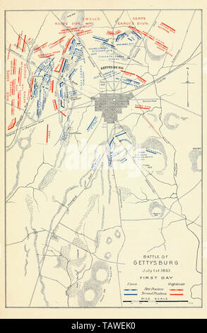 Plan de bataille de Gettysburg, premier jour, 1 juillet 1863 Banque D'Images