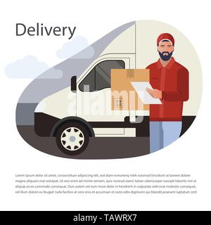 Vector design avec illustration d'un courier barbu homme d'un service de livraison de fret Illustration de Vecteur