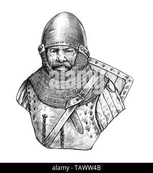 Dessin buste chevalier médiéval. Illustration isolé Knight. Dessin à la mine historique. Banque D'Images