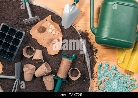 La production d'aliments biologiques peu coûteux et équipements de jardinage, vue du dessus d'outils et de semences sur table en bois dans jardin avec quelques pièces en euro concept de l Banque D'Images