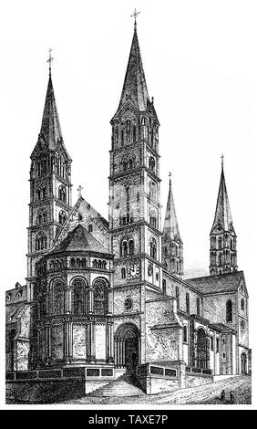 Historische, zeichnerische, Darstellung Der Bamberger Dom St Peter und St Georg, Bamberg, Allemagne, 11. Jahrhundert, aus Meyers Konversations-Lexikon, 1889 Banque D'Images