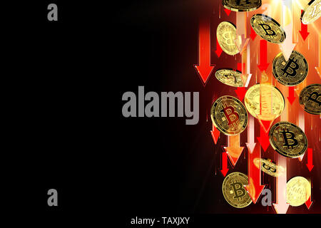 Des flèches rouges pointant vers le bas comme Bitcoin (BTC) la chute des prix. Isolé sur fond noir, copiez l'espace. Baisse des prix Cryptocurrency concept. Le rendu 3D Banque D'Images