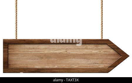 Flèche en bois simple panneau en bois naturel et dark frame sur des cordes suspendues Banque D'Images