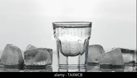 Shot de vodka dans le verre. Fond blanc avec des cubes de glace. L'alcool boire de la vodka tequila Banque D'Images