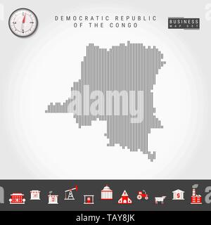 Lignes verticales Vector Pattern Map de République démocratique du Congo. Silhouette Simple à rayures. Boussole réaliste. L'infographie d'icônes. Illustration de Vecteur