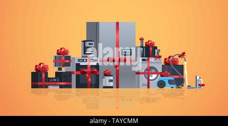 Définir différents appareils ménagers emballés avec du ruban rouge bouilloire chambre collection équipement plate horizontale Illustration de Vecteur