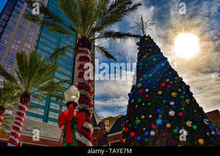 Orlando, Floride . 24 Décembre, 2018. Palmiers Décorées pour Noël et l'arbre de Noël sur fond coucher de soleil dans la zone du centre-ville d'Orlando . Banque D'Images