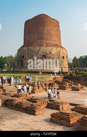 Stupa Dhamek et fouilles de monastery ruins à Sarnath, près de Varanasi, Inde Banque D'Images