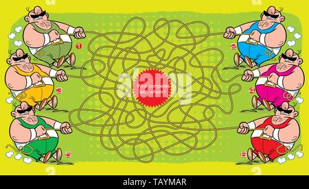 Labyrinthe Puzzle avec plusieurs athlètes qui tirer la corde. Illustration Vecteur de programmes éducatifs et de divertissement pour les enfants. Illustration de Vecteur