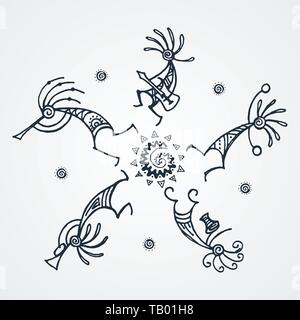 Hand drawn Kokopelli cercle. Personnages mythiques stylisés jouant des flûtes. Art vectoriel pour l'impression, design, cartes, des enfants et des livres à colorier, des t-shirts Illustration de Vecteur