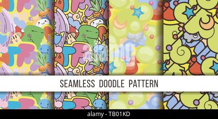 Une collection de motifs vectoriels avec cute cartoon monstres et bêtes. Bien pour l'emballage, papier d'emballage, des pages à colorier, papier peint, tissu, f Illustration de Vecteur