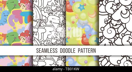 Une collection de motifs vectoriels avec cute cartoon monstres et bêtes. Bien pour l'emballage, papier d'emballage, des pages à colorier, papier peint, tissu, f Illustration de Vecteur