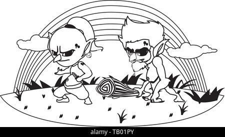 Vilain Troll des cavernes avec gnome et rainbow vector illustration design Illustration de Vecteur