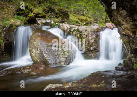 Scenic, belles cascades de petite cascade sur un ruisseau de montagne, encadrée par des falaises couvertes de mousse, avec d'énormes, d'un rocher au premier plan Banque D'Images