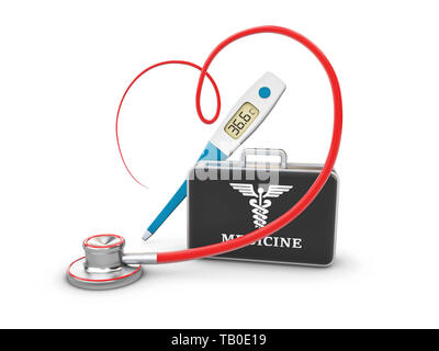 Stéthoscope en forme de coeur 3d illustration. Stéthoscope, signe de pulsation. Banque D'Images