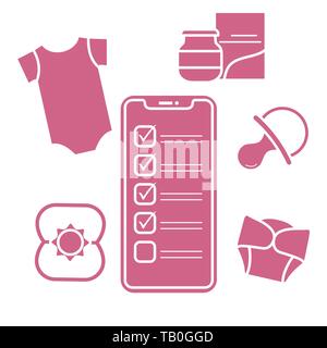 Vector illustration avec le smartphone à l'aide de bébé, accessoires. Body, aliments pour bébé, couches, peut-mamelon, bat. Les achats en ligne. Illustration de Vecteur