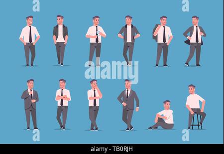 Définir les hommes d'usure formelle différentes poses permanent smiling male de personnages de dessins animés les hommes d'affaires des employés de bureau posant collection télévision pleine longueur Illustration de Vecteur