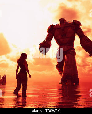 Girl standing dans la mer à la recherche d'un robot géant en face d'elle, 3d illustration Banque D'Images