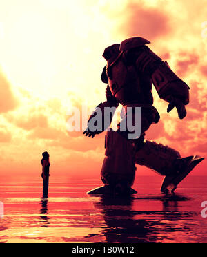 Girl standing dans la mer à la recherche d'un robot géant en face d'elle, 3d illustration Banque D'Images