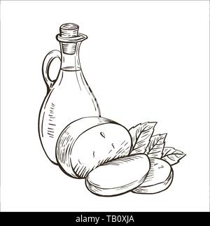 L'huile d'olive dans la bouteille en verre avec du fromage mozzarella et de feuilles de basilic. Cuisine italienne. Élément de design dessiné à la main. Vintage vector illustration pour la gravure Illustration de Vecteur