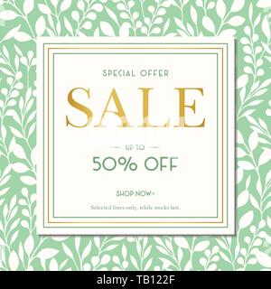 Feuillage vert printemps été Silhouettes Vente Promotion Bannière carré. Annonces Médias sociaux graphiques. Abstract Floral Imprimer l'arrière-plan. Parfait pour la Mode Illustration de Vecteur