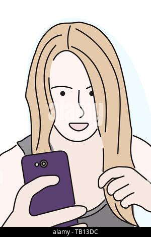 Femme cherche dans le téléphone mobile. Vector illustration dans un style dessiné à la main. Illustration de Vecteur