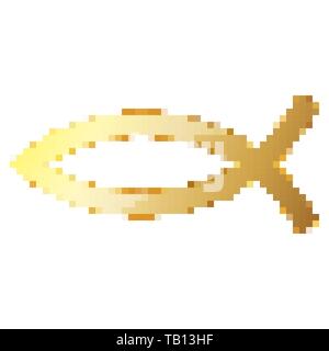 Christian d'or symbole du poisson en pixel art style. Vector illustration. Christian isolés en symbole poisson style plat Illustration de Vecteur